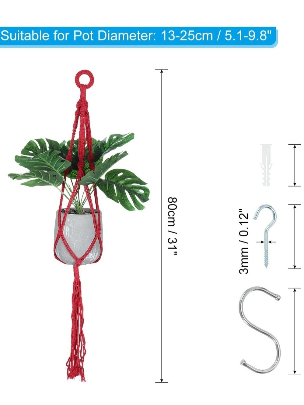 Red Macramé Hanging Plant Holders - Home Wall Decor - Set Of 2